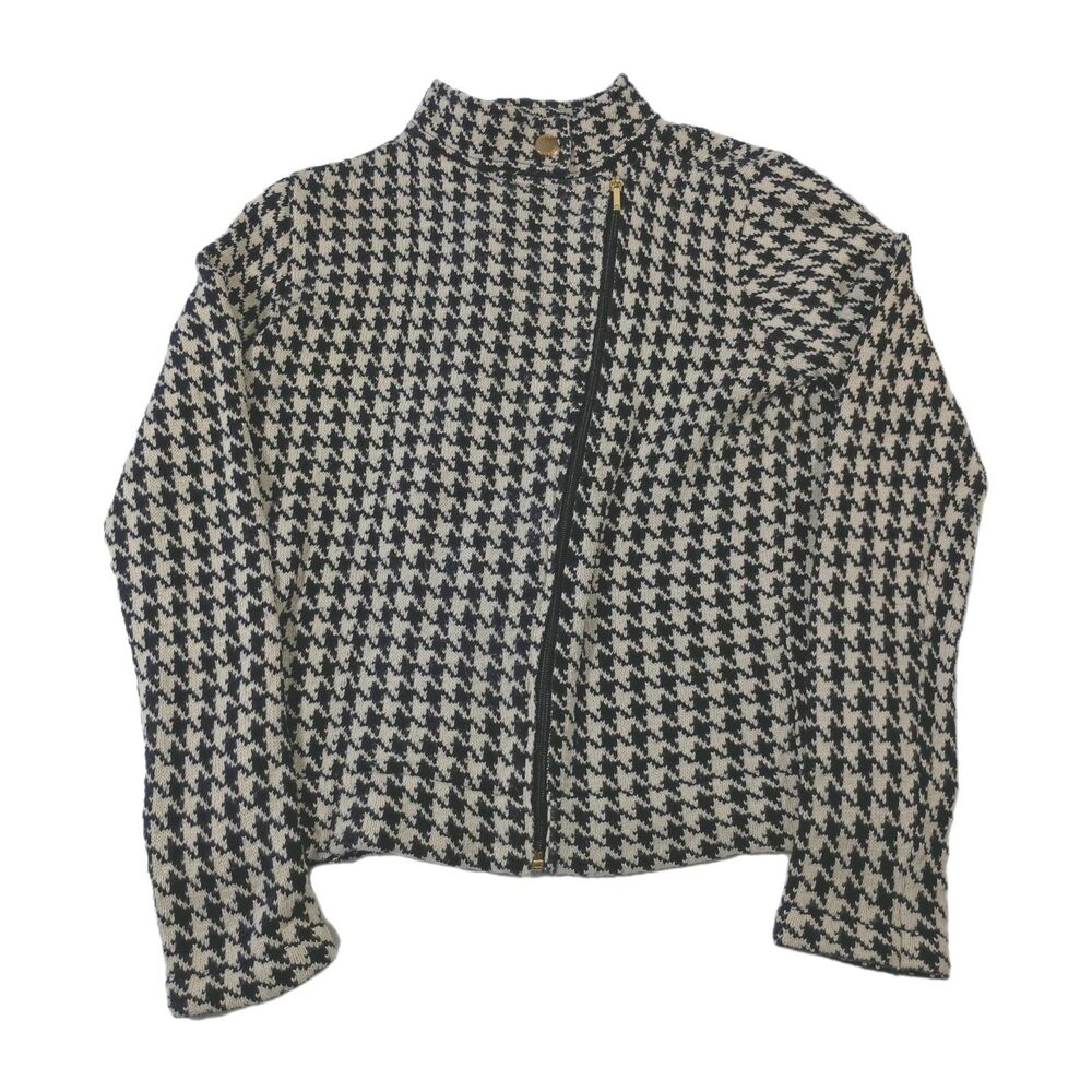 Chaps Knit Houndstooth Womens Moto Jacket Size M 100% Cotton Ivory Blck Diagonal